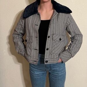 Maeve Anthropologie Houndstooth Cropped Jacket w/ Faux Fur Collar – Navy & Whit